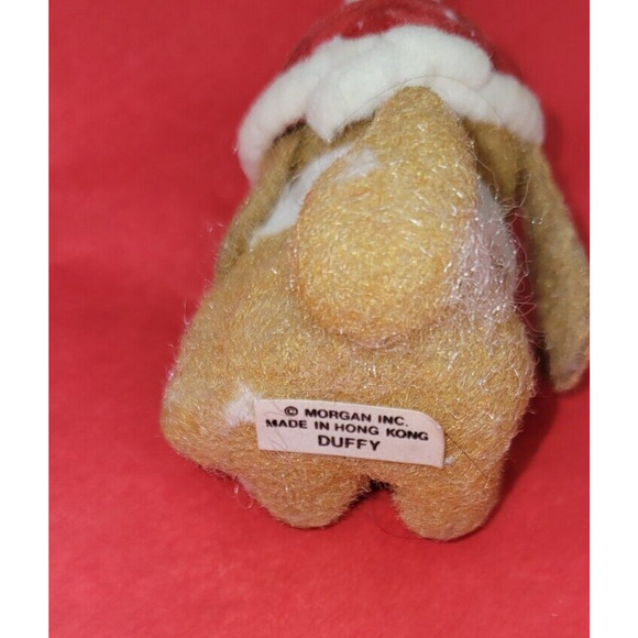 Vintage Morgan Inc Duffy Brown Dog Santa Hat Scarf Flocked Christmas Ornament - Picture 5 of 5